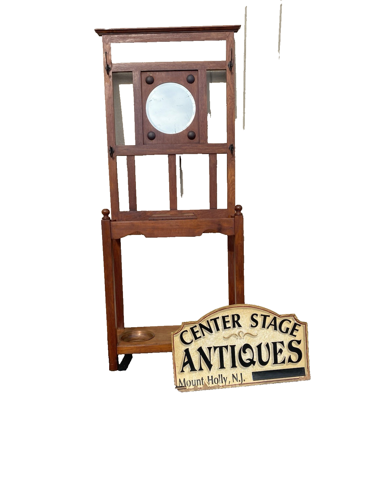 66600 Antique Victorian Hat Rack Hallseat w/ Mirror + Umbrella Stand