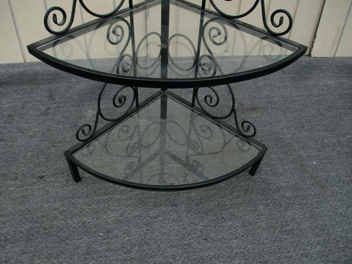 62802    QUALITY Iron Bakers Rack Corner Cabinet with Glass Shelves