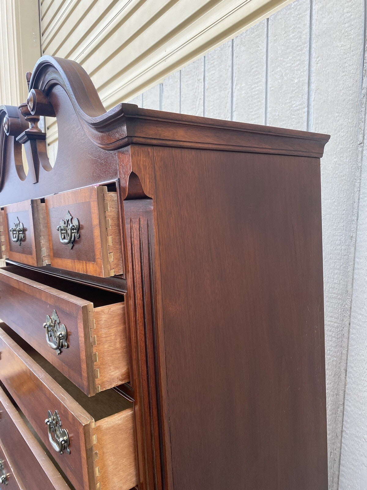 64546 Dixie Inlaid 2 Piece Banded  Mahogany Queen Anne High Boy
