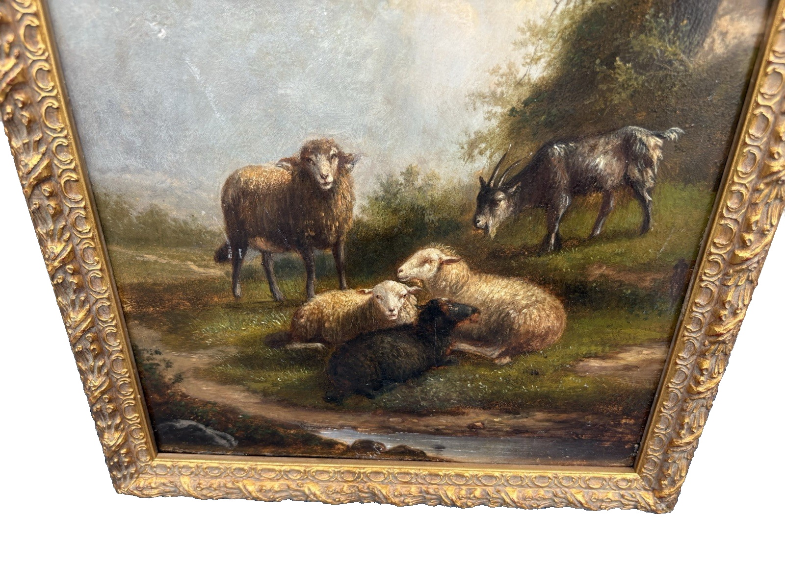 ART 01: Antique Lanscape Oil on Board  Sheep