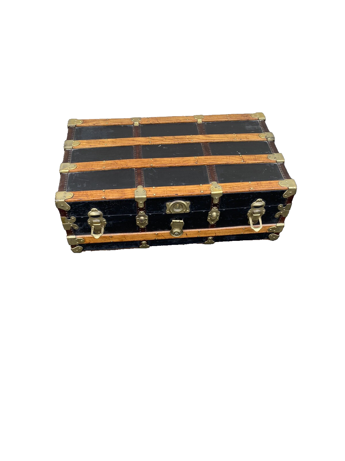 65633  Antique  WANAMAKER PANAMA EXPOSITION Flat Top Trunk with Covered tray