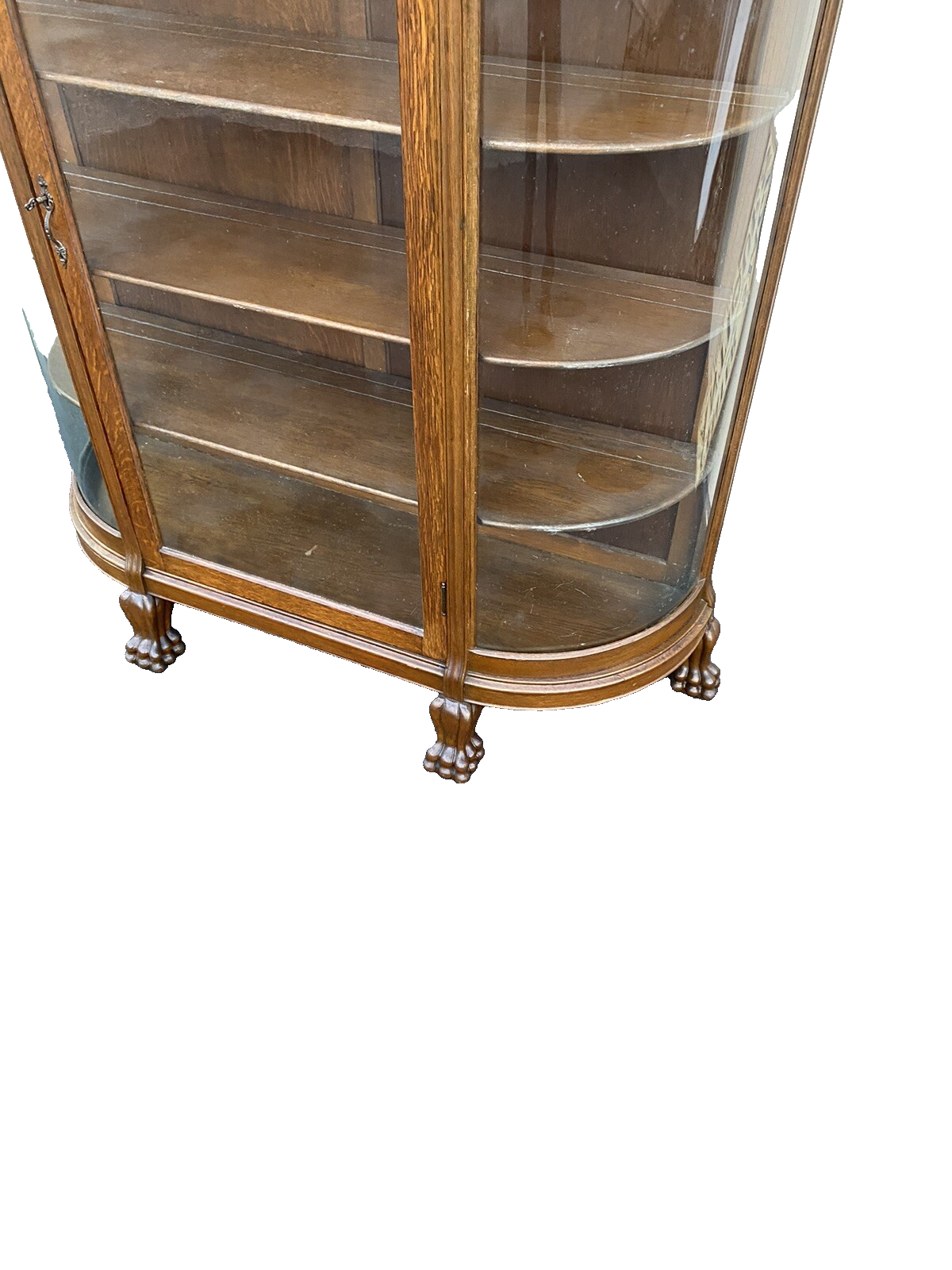 66071   Antique Victorian Hand Carved Oak Bow Glass Curio Cabinet