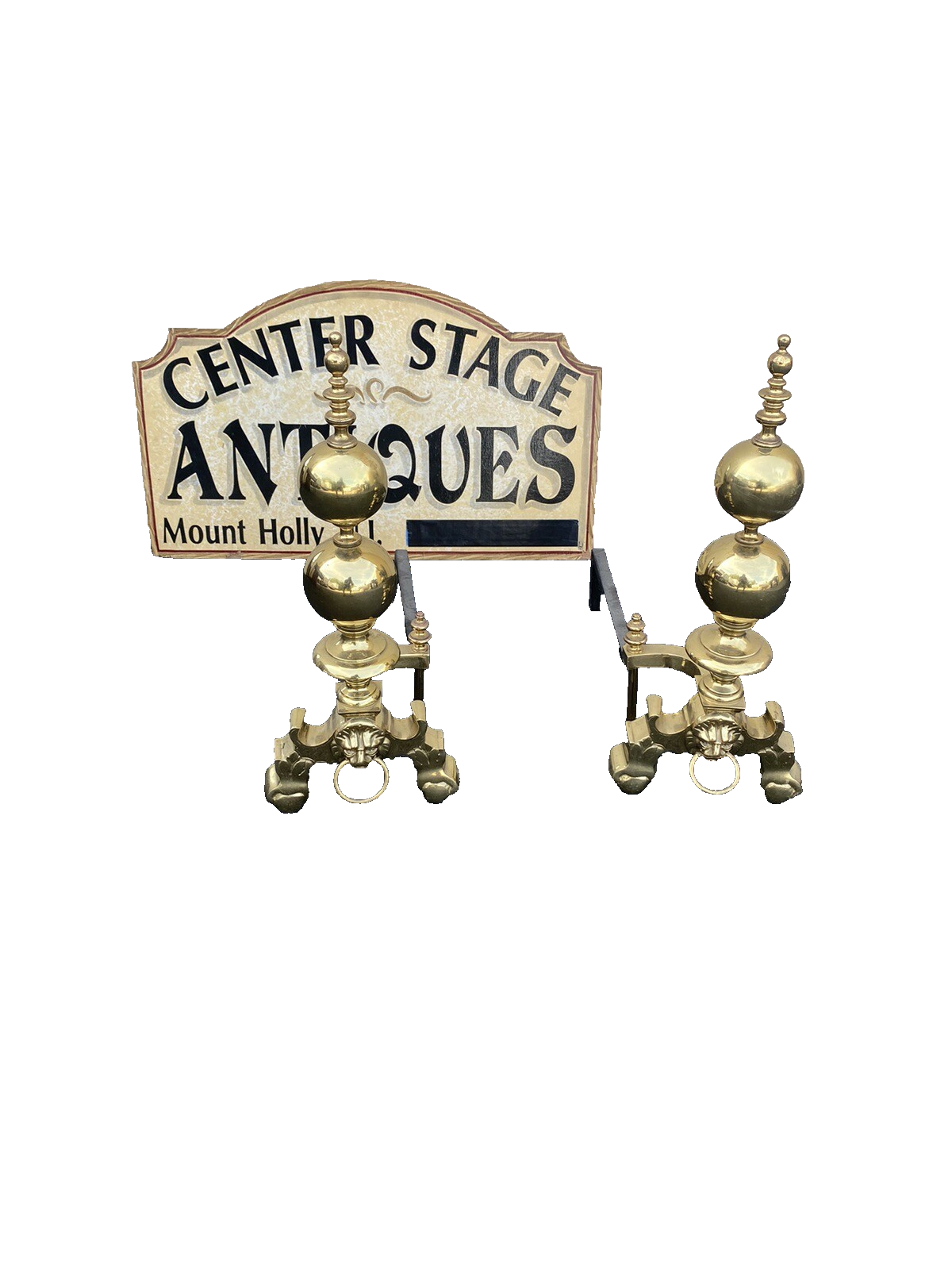 64828 Pair Heavy Polished Brass Fireplace Lion Face Fireplace Mantel Andirons