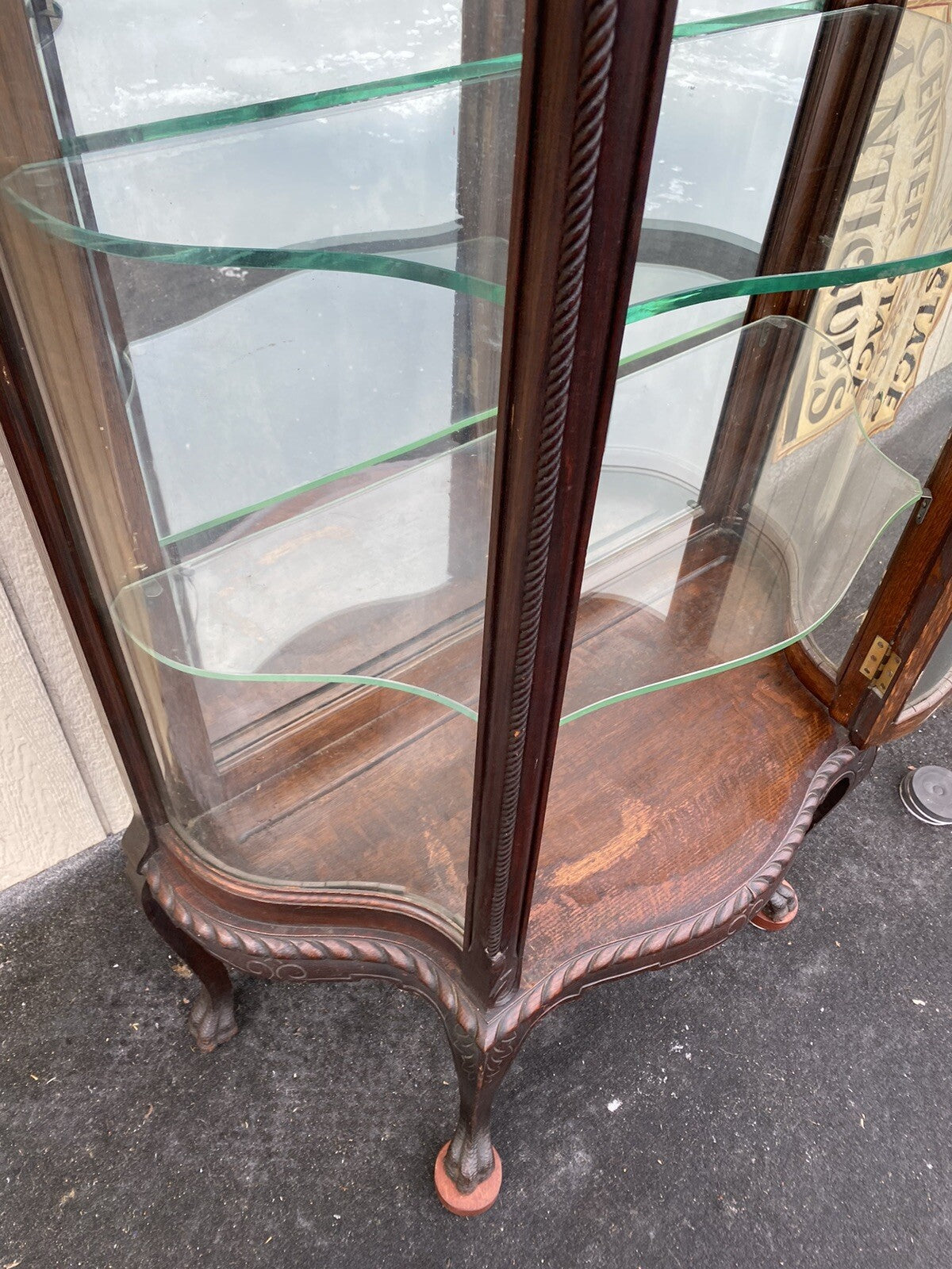 66107   Antique Victorian Oak Serpentine Curio China Cabinet