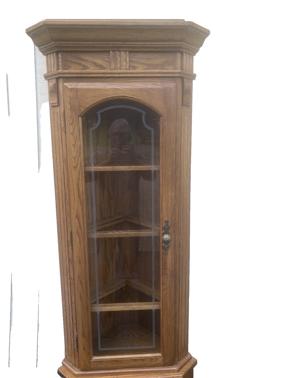 64573  PAIR Oak Corner Cabinet Curio s  With 3 wood and glass shelves each