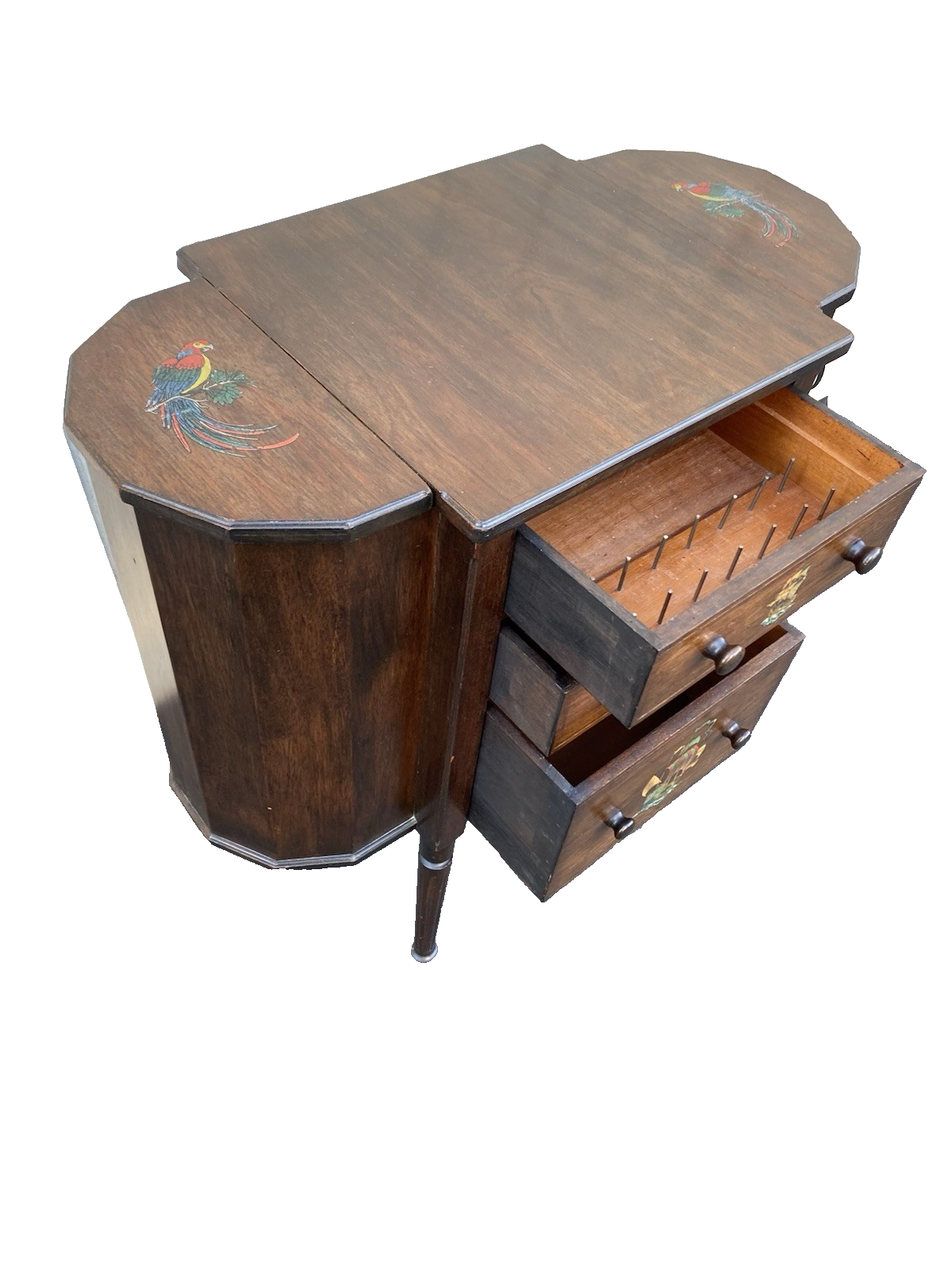 66476 Antique Mahogany Sewing Stand Hand Painted Parrot and Ship Designs