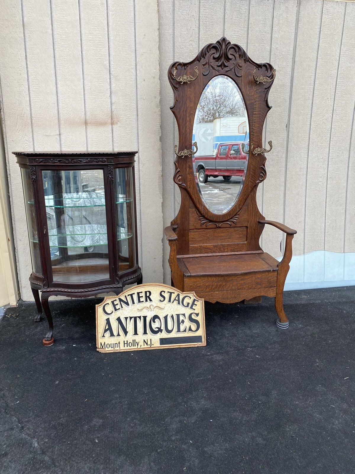 66107   Antique Victorian Oak Serpentine Curio China Cabinet