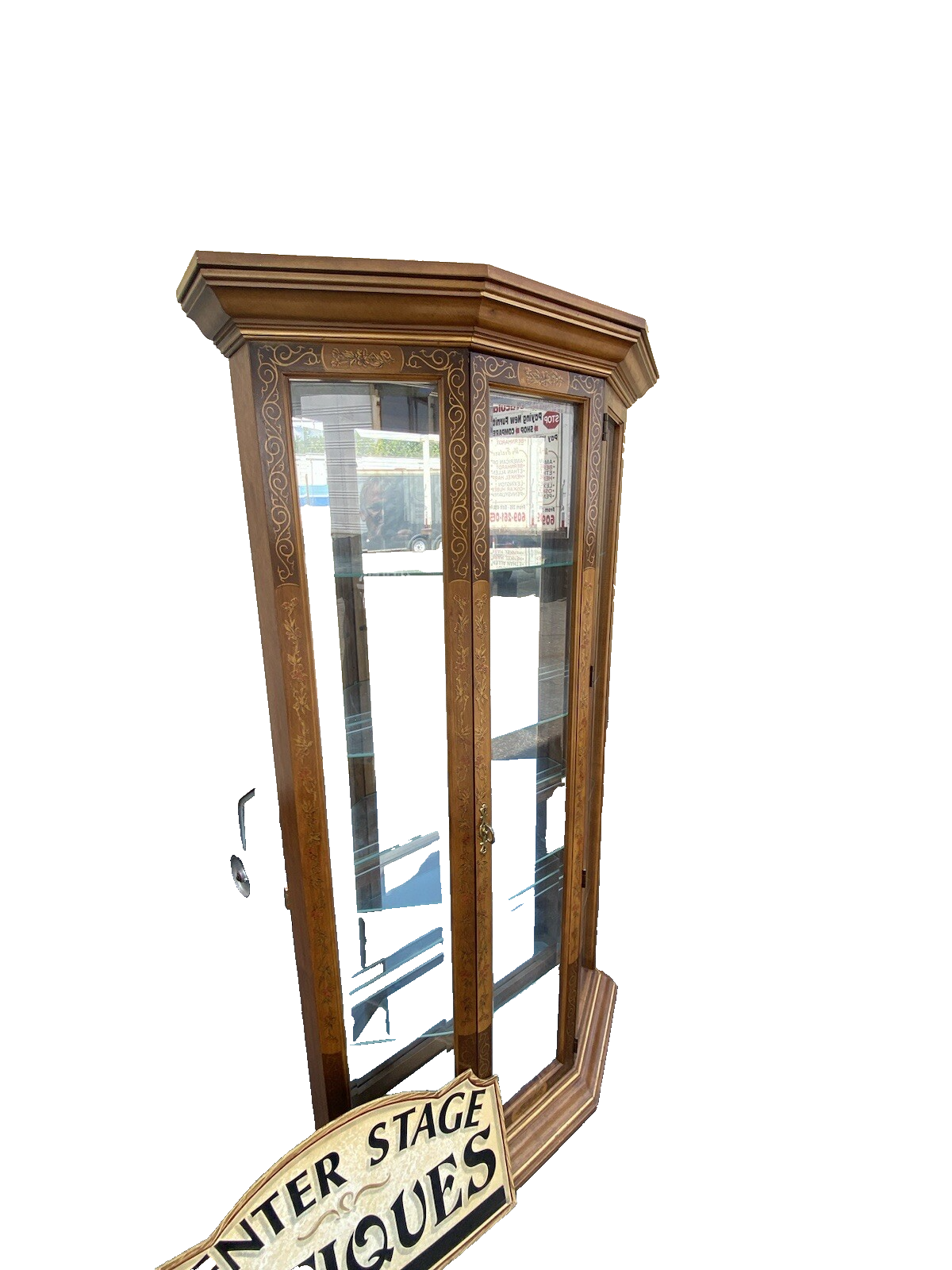 64593  Pulaski Stenciled Lighted Curio Cabinet With Plate Glass Shelves + Light