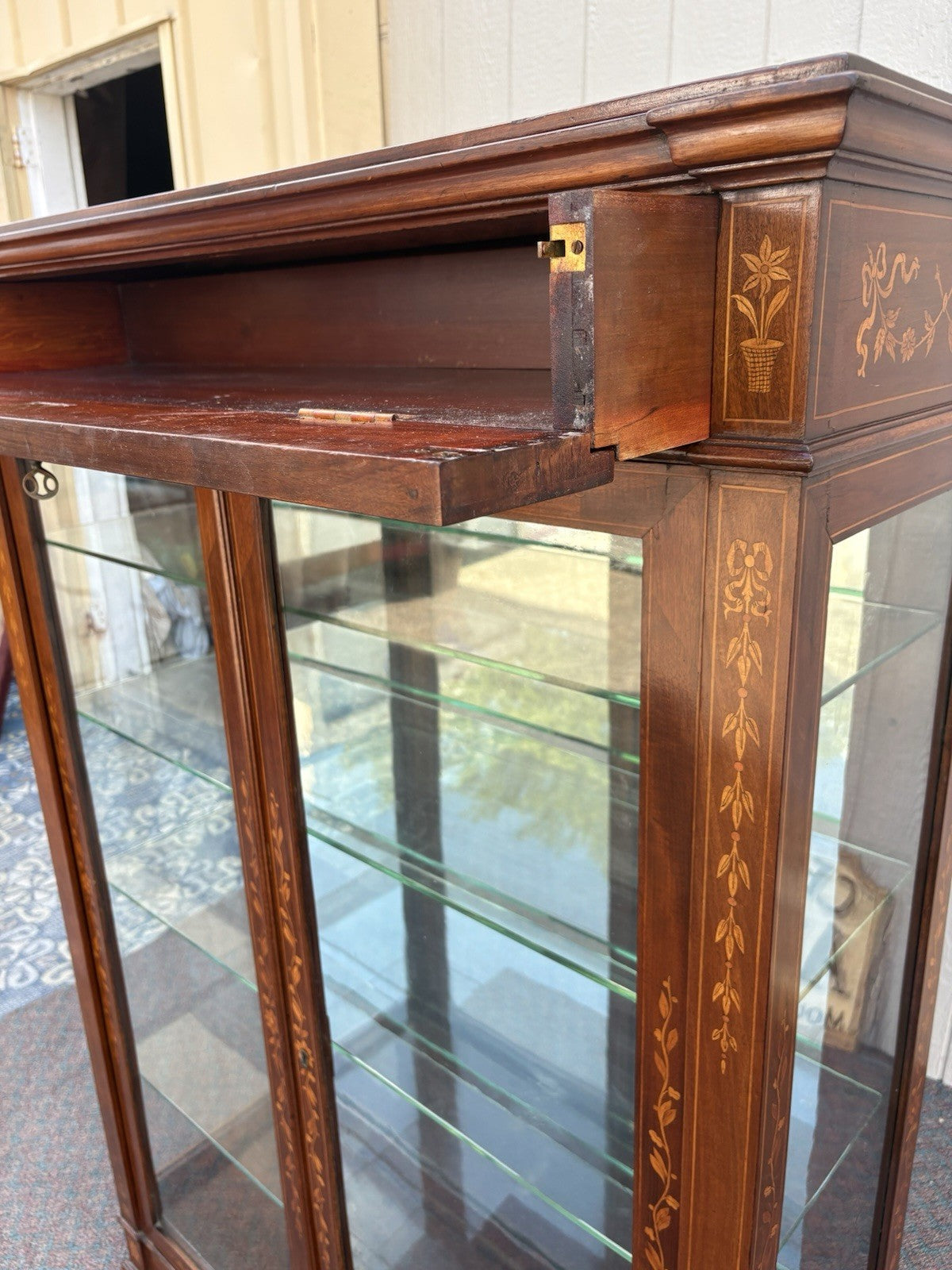 66973 Custom Hand Made Inlaid Mahogany Bookcase Curio Cabinet Etergie Drawer