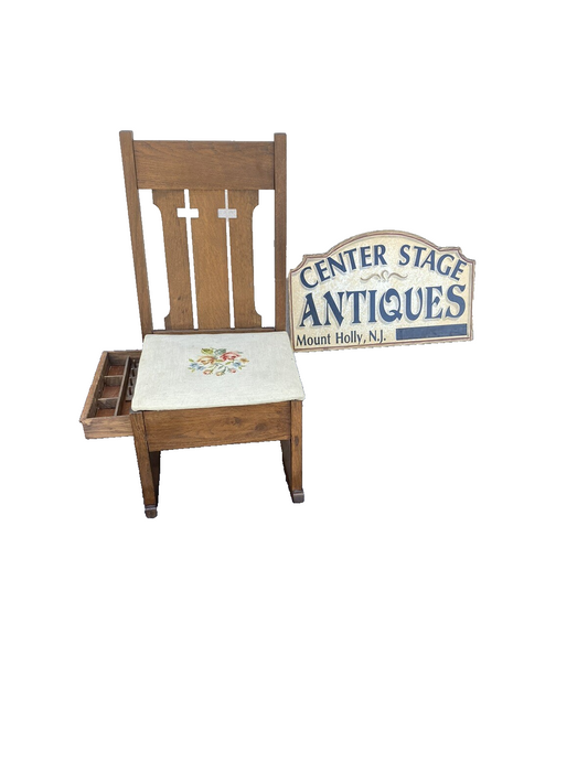 64507 Mission Oak Rocking Rocker Chair w/ Sewing Drawer + Needlepoint seat