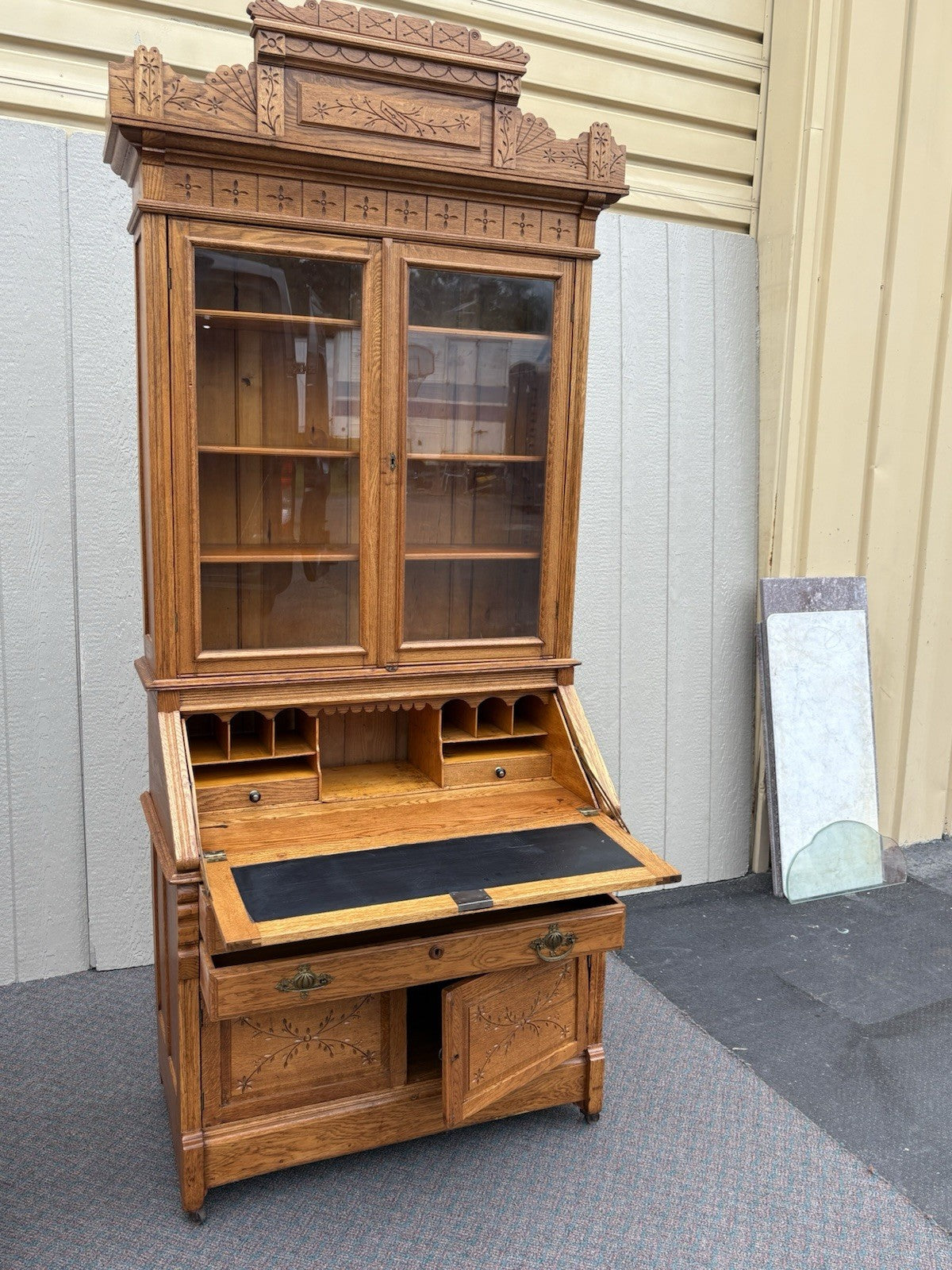 67028 Antique Victorian Oak Secretary Desk w/ Bookcase Top
