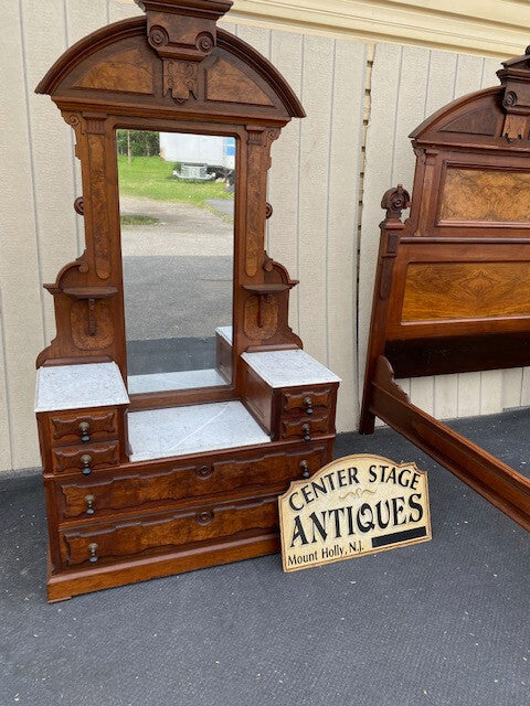 63933   Antique Victorian Walnut  2 pc Marble Top Bedroom Set Bed Dresser w/ Mir