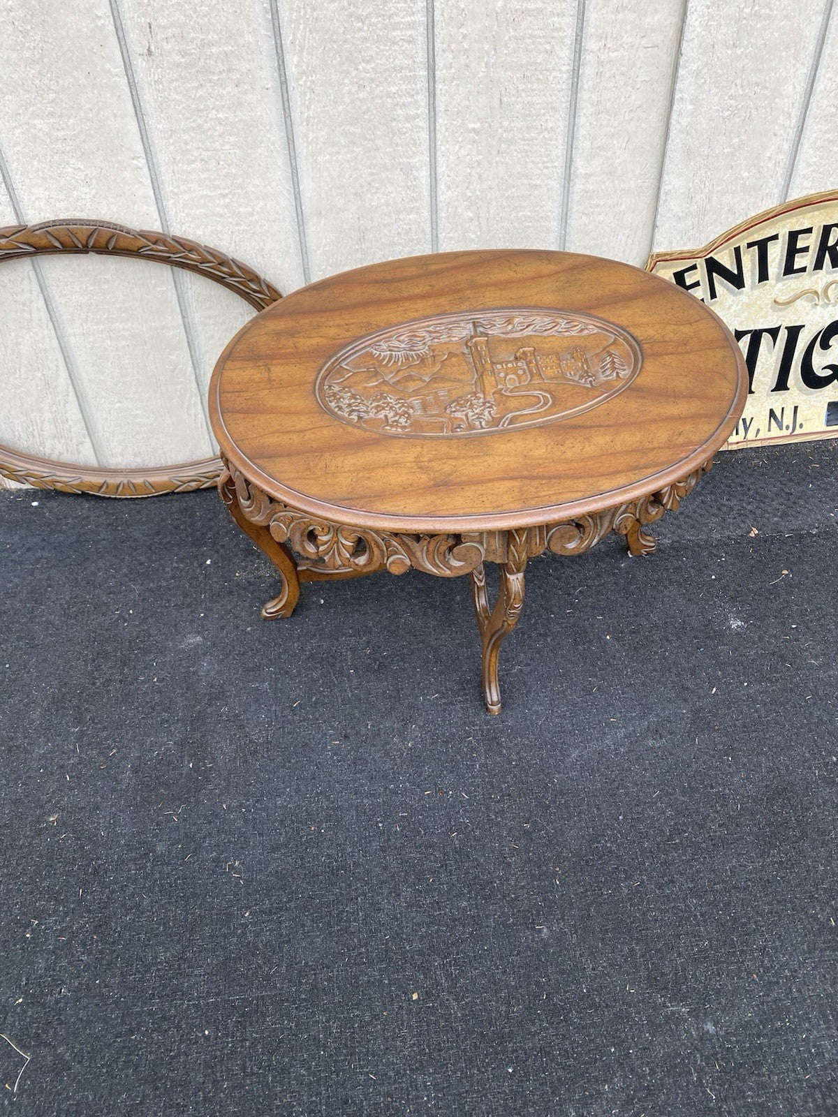 66546 Antique Walnut Tray Top Coffee Table Stand  RARE City Scape Design