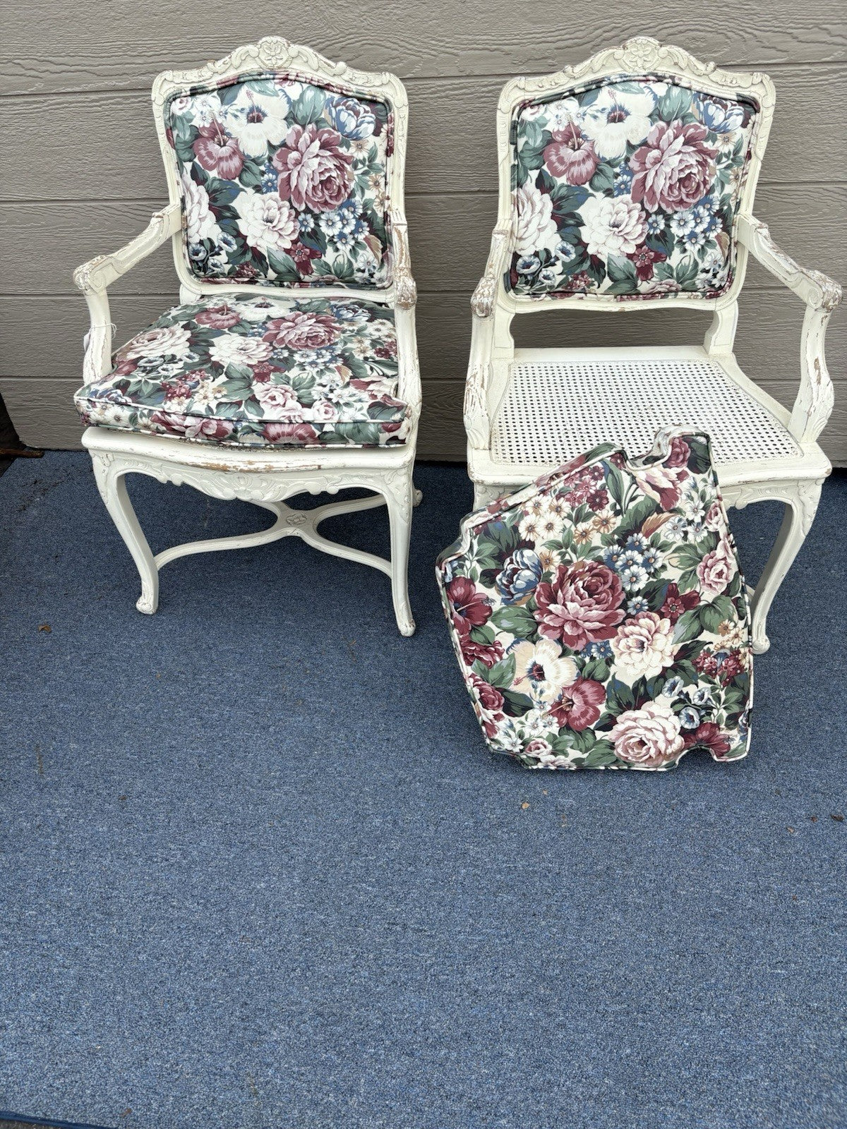 60612 PAIR of Romantic Shabby BERGERE Floral Armchairs with Factory White Finish