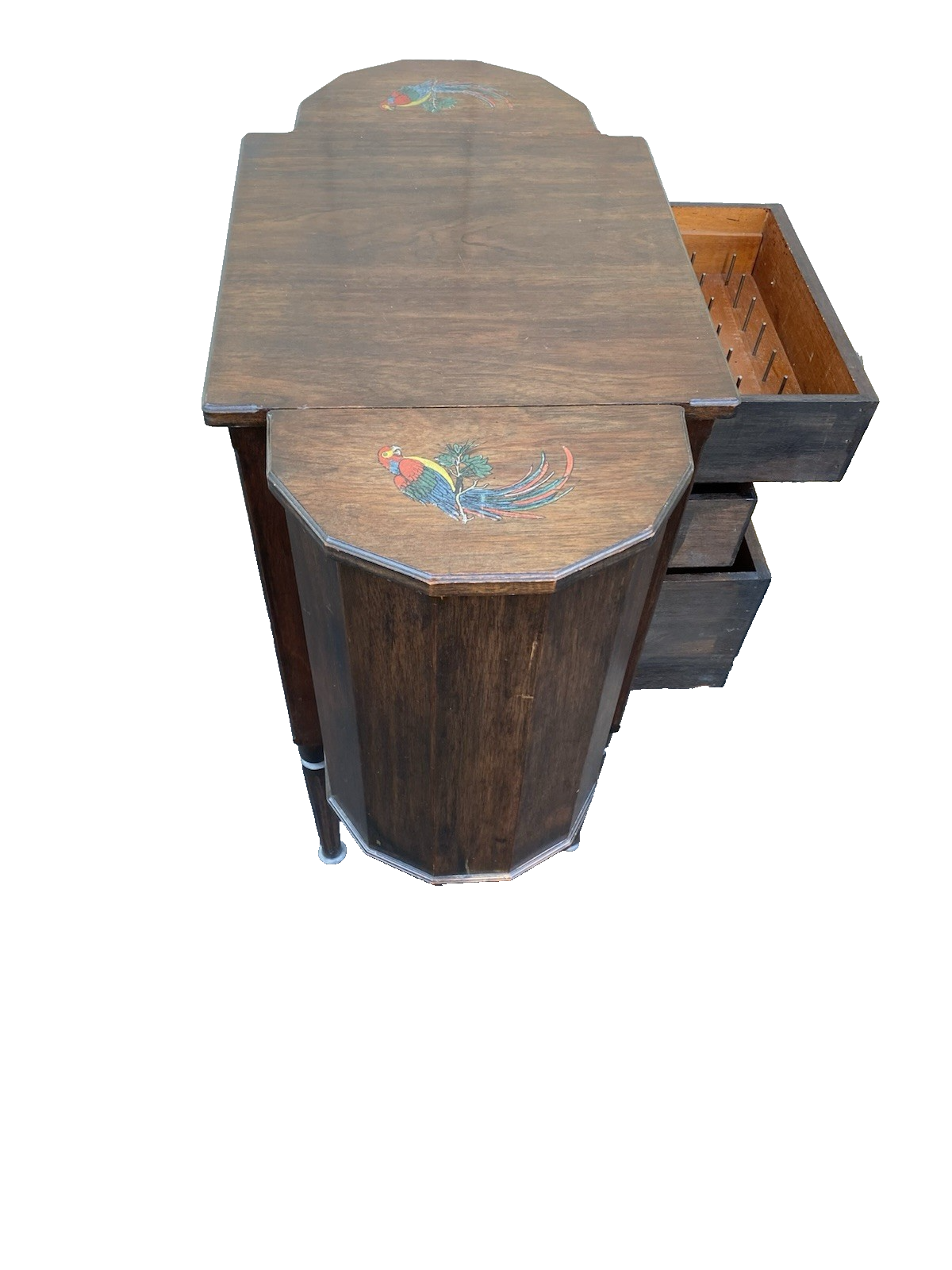 66476 Antique Mahogany Sewing Stand Hand Painted Parrot and Ship Designs