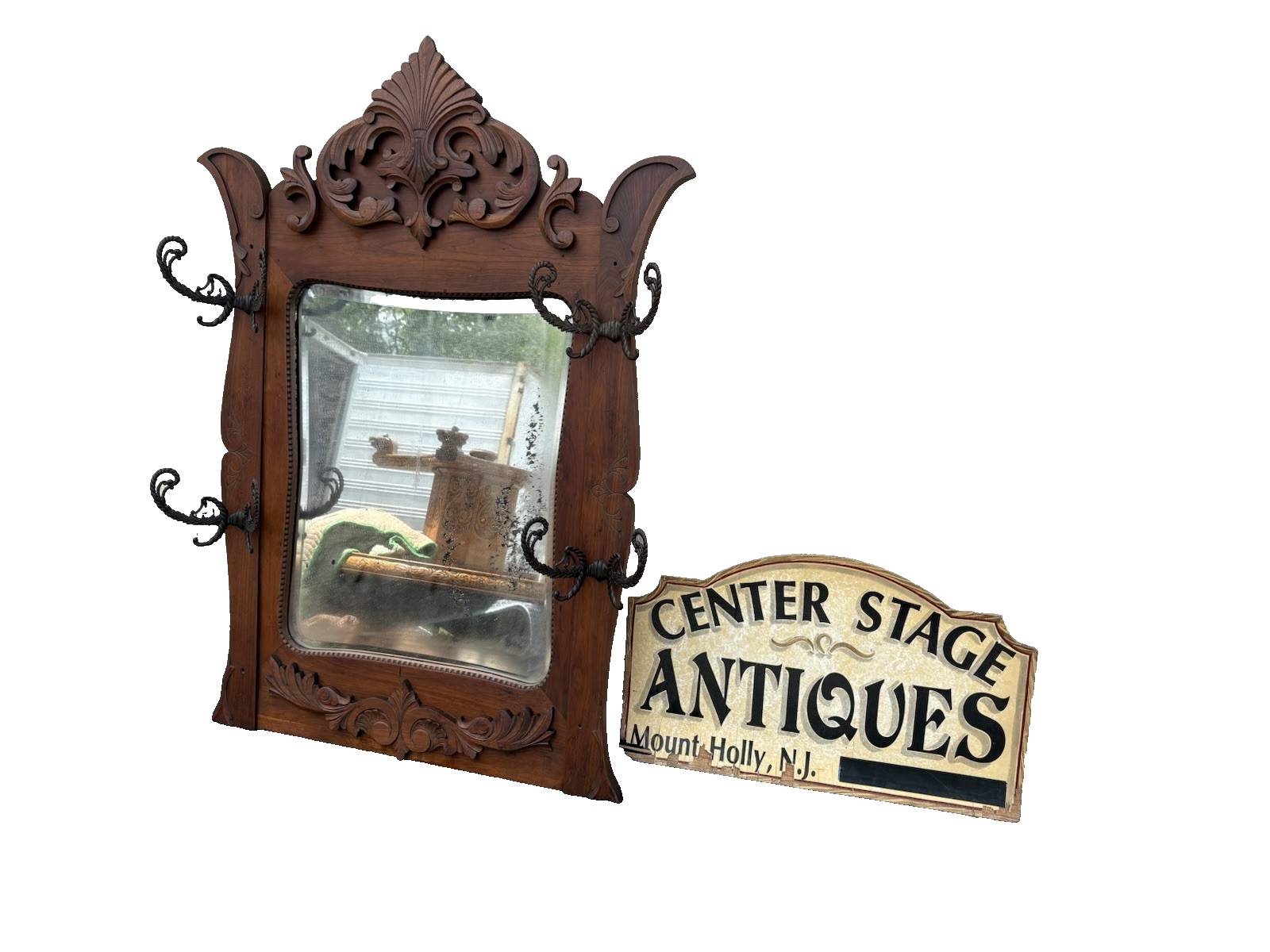 66724 Antique Victorain Mirror with 4 Hooks to hang coats hats Hatrack Coattree
