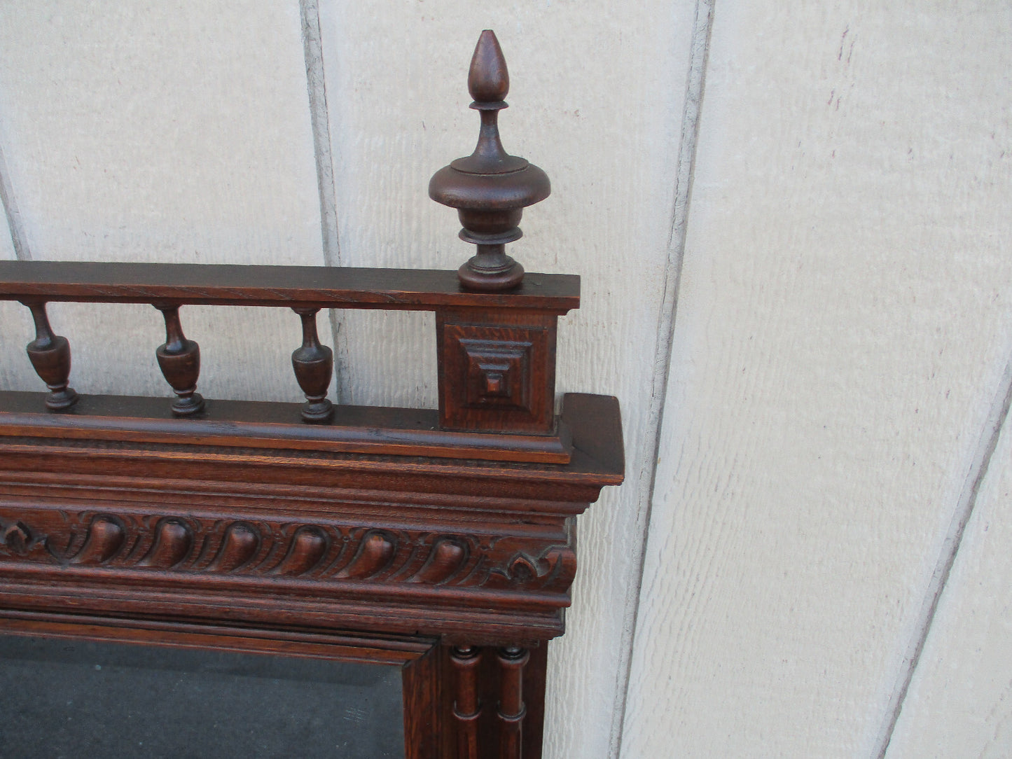 63871   Antique Oak French Hand Carved Beveled Mirror