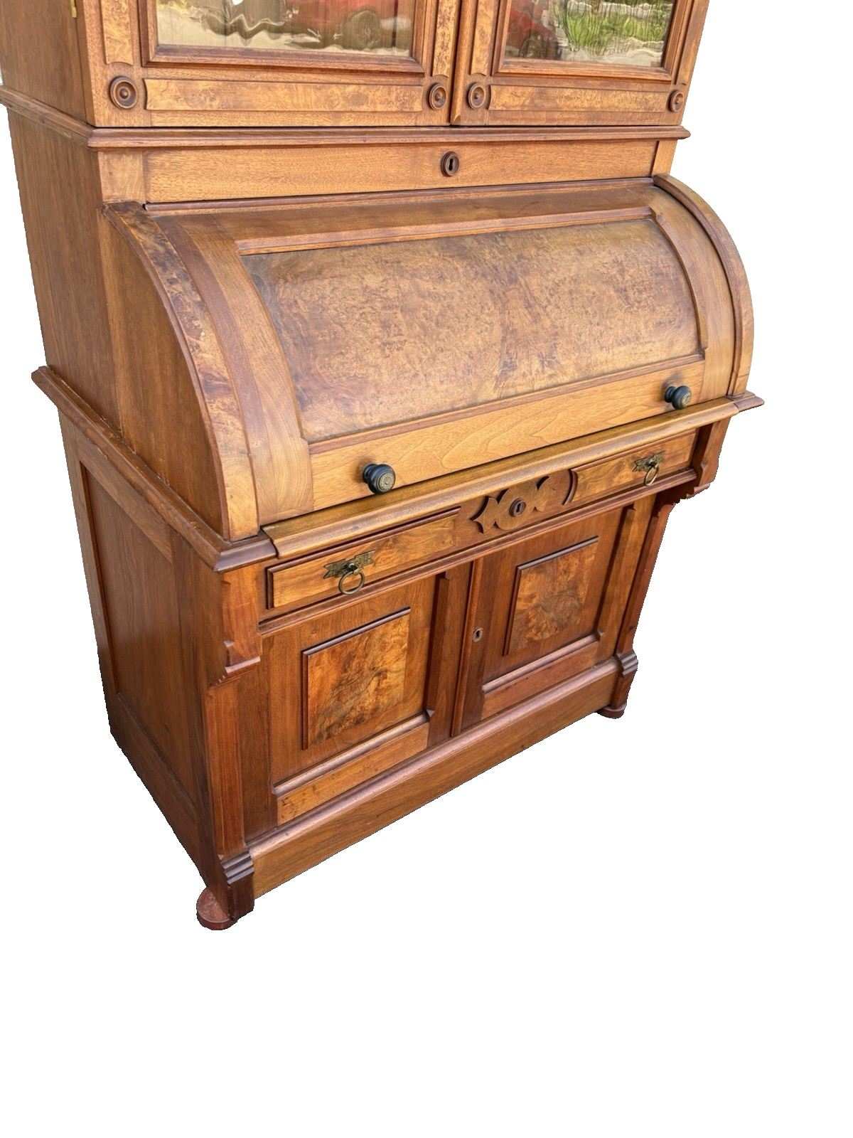 66644 Antique Victorian Walnut Cylinder Desk with Bookcase Top