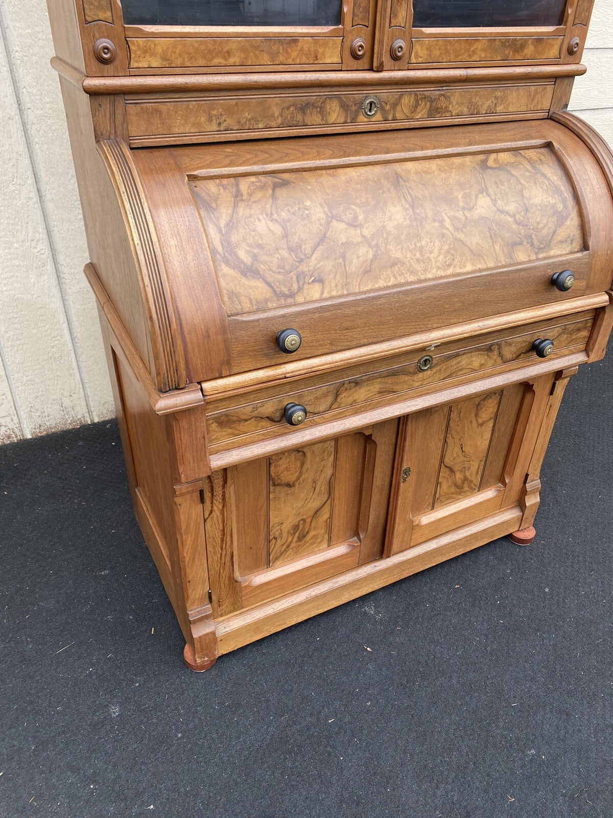 65390 Antique Victorian Burled Walnut Cylinder Desk w/ Bookcase Top and keys