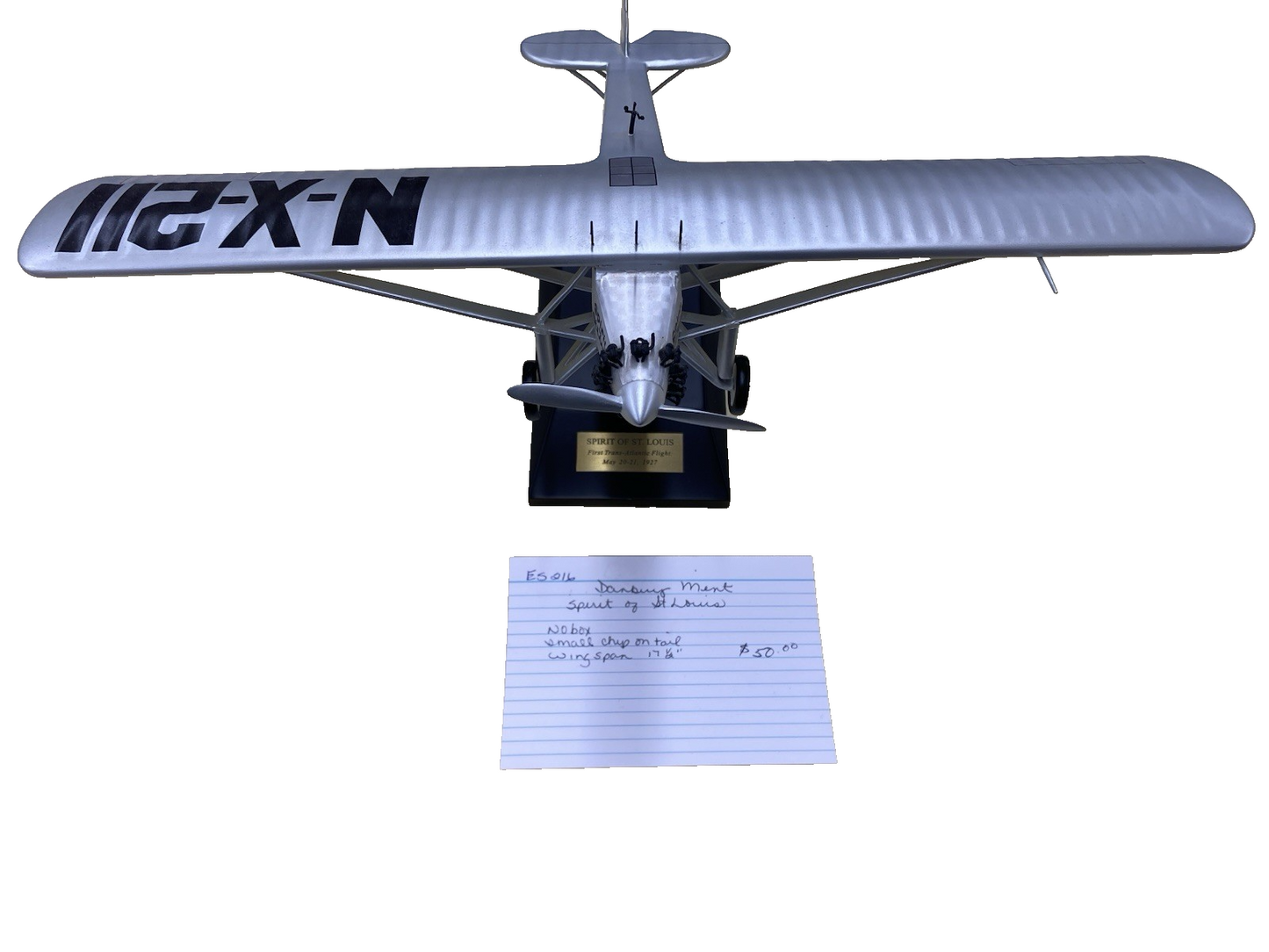 ES 216:   Danbury Mint Spirit of St Louis Airplane Plane 17 1/2" wingspan