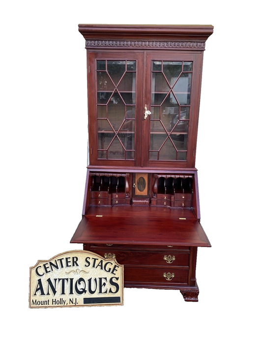 64897    Solid Mahogany 2 Piece Chippendale Secretary Desk w/ 2 Secret Drawers