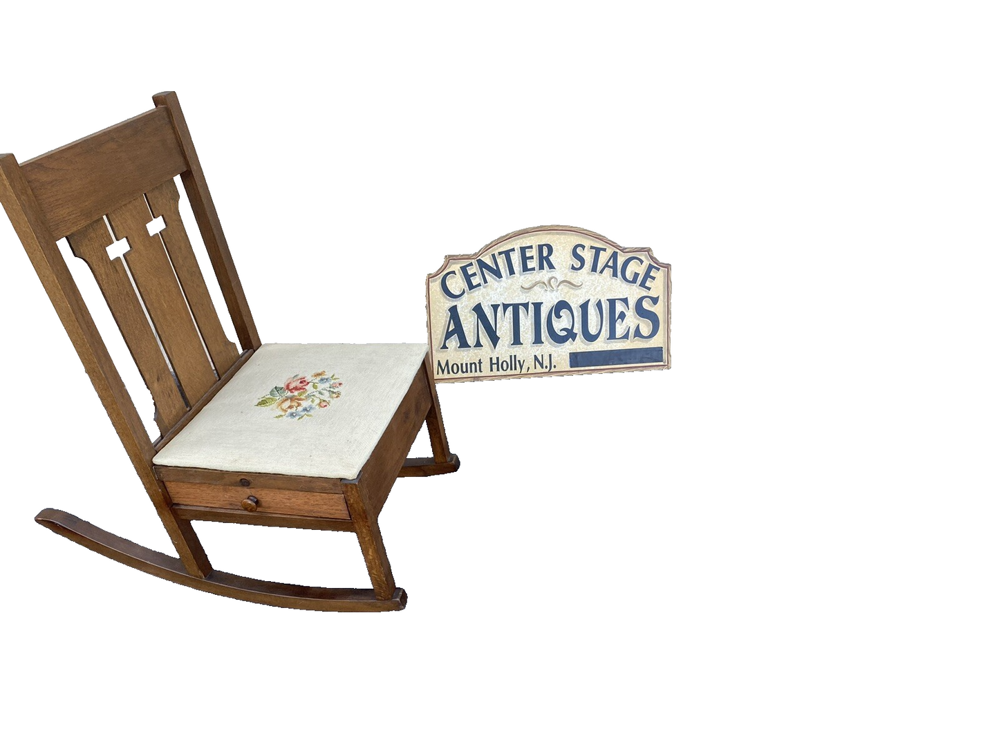 64507 Mission Oak Rocking Rocker Chair w/ Sewing Drawer + Needlepoint seat