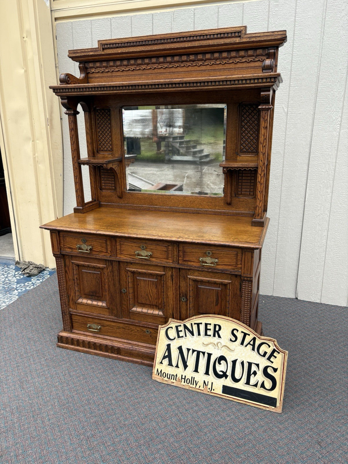 67026 Antique Victorian Oak Sideboard Buffet Cabinet