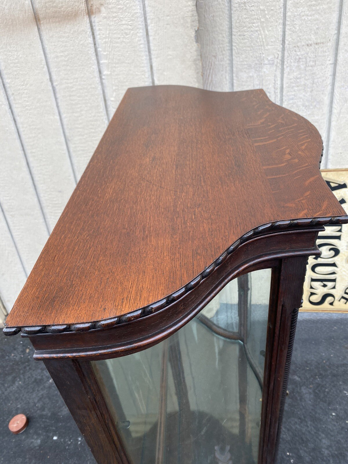 66107   Antique Victorian Oak Serpentine Curio China Cabinet