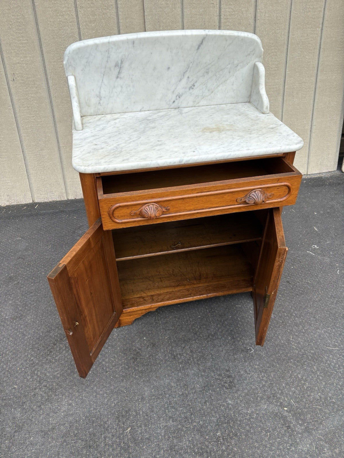 66855  Antique Victorian Walnut  Marble Top Washstand Chest Dresser