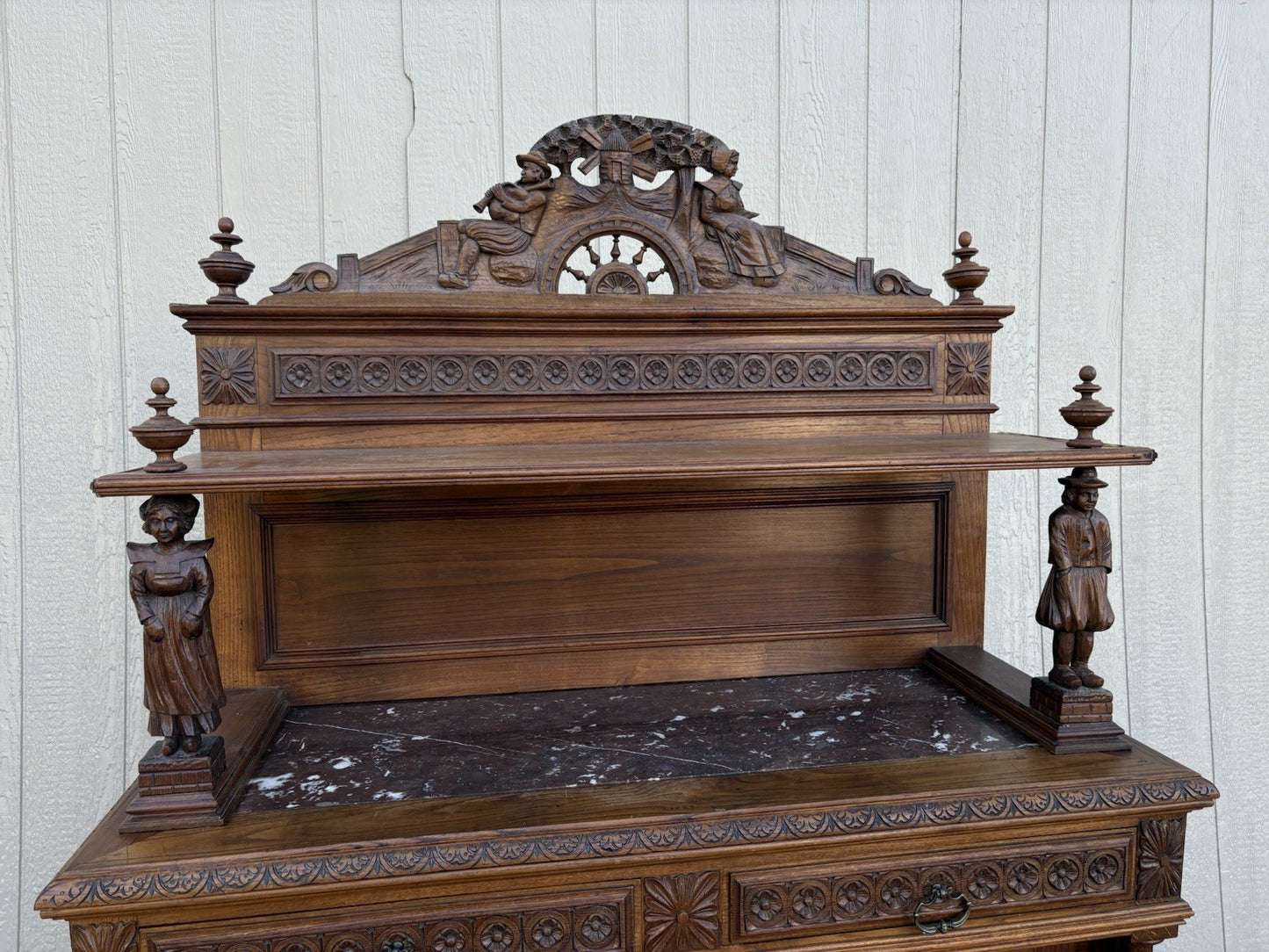 67011 Antique French Marble Top Buffet Sideboard Cabinet