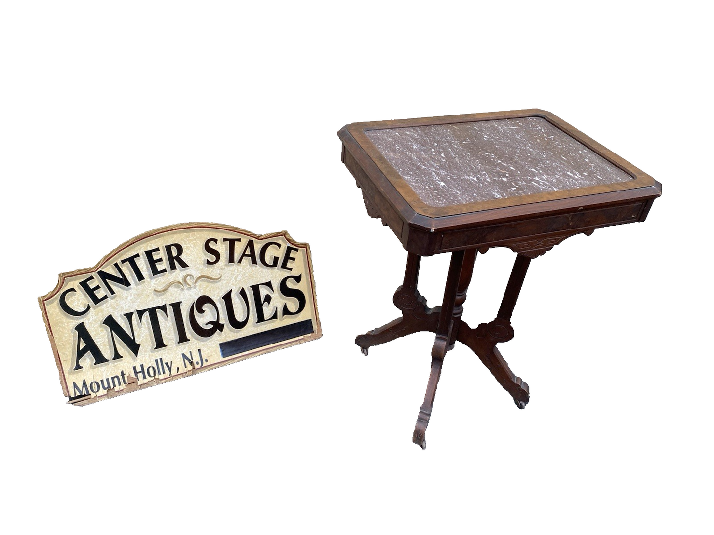 66591  Antique Victorian Marble Top Walnut Lamp Table Stand