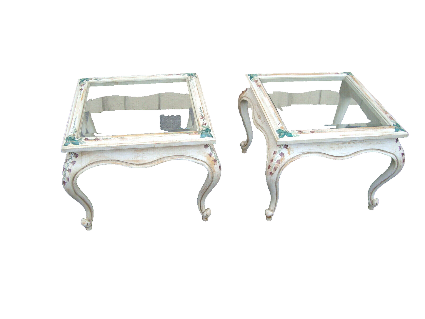 61856   Pair Glass Top Custom Hand Painted  Decorator Coffee Table Nightstands