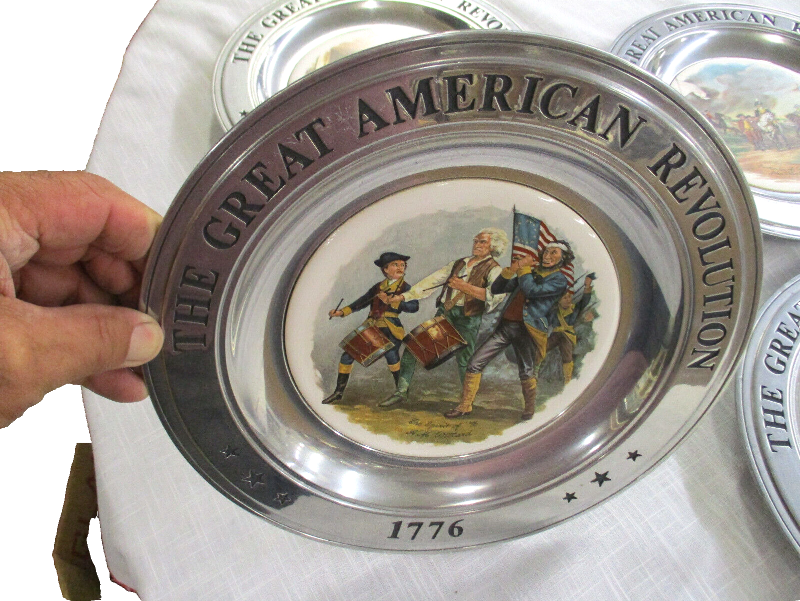 ES90 Collection of 6  Porcelain GREAT AMERICAN Revolution Plates in Pewter Frame