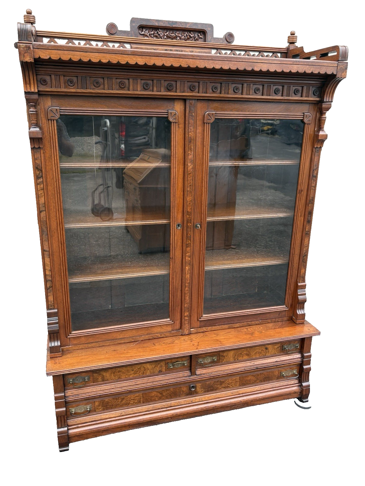67027 Antique Walnut Victorian Bookcase Curio Cabinet