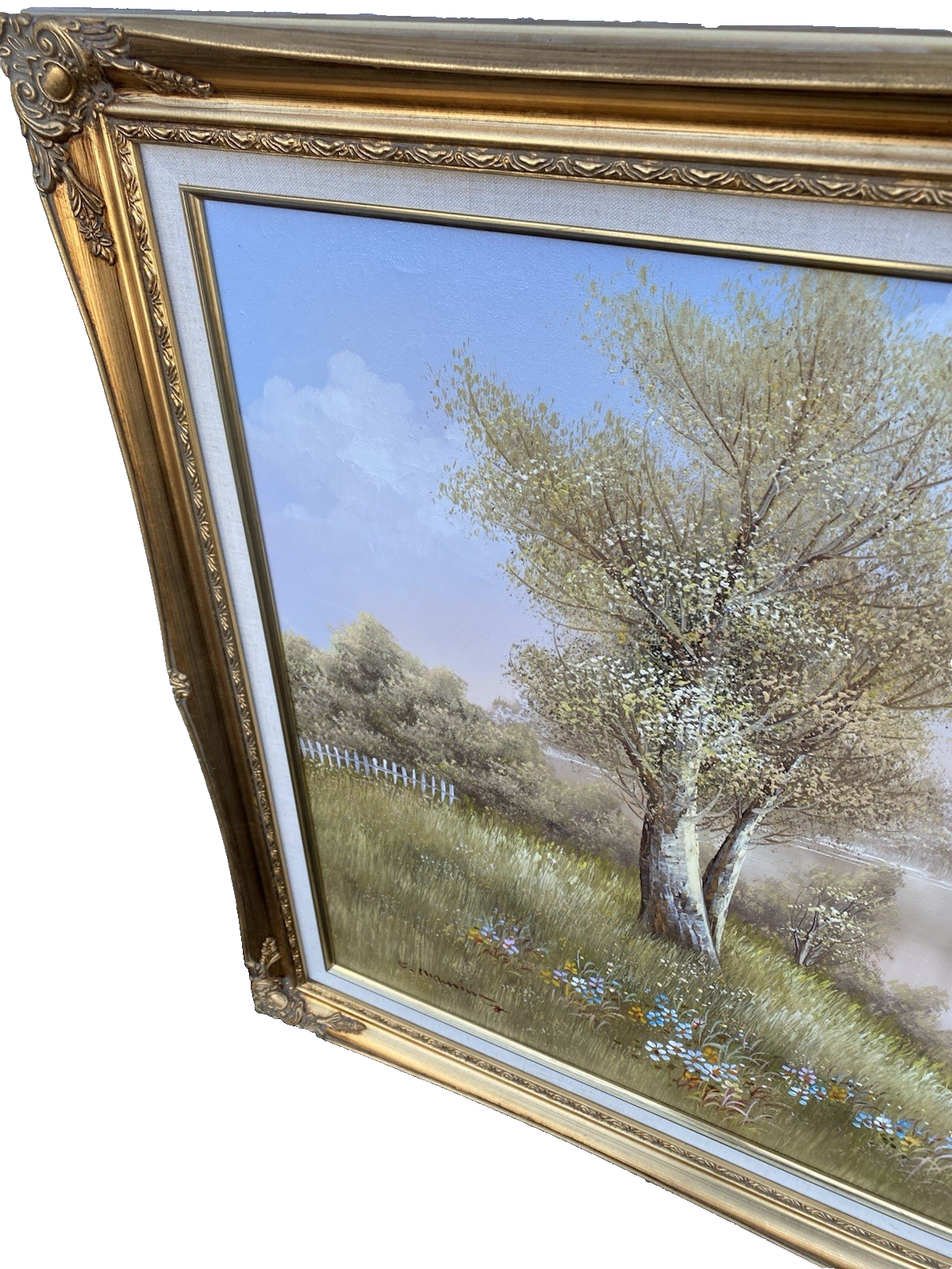 66562 Large Oil Painting on Canvas of Bridge in Frame Artist Signed 41 x 30