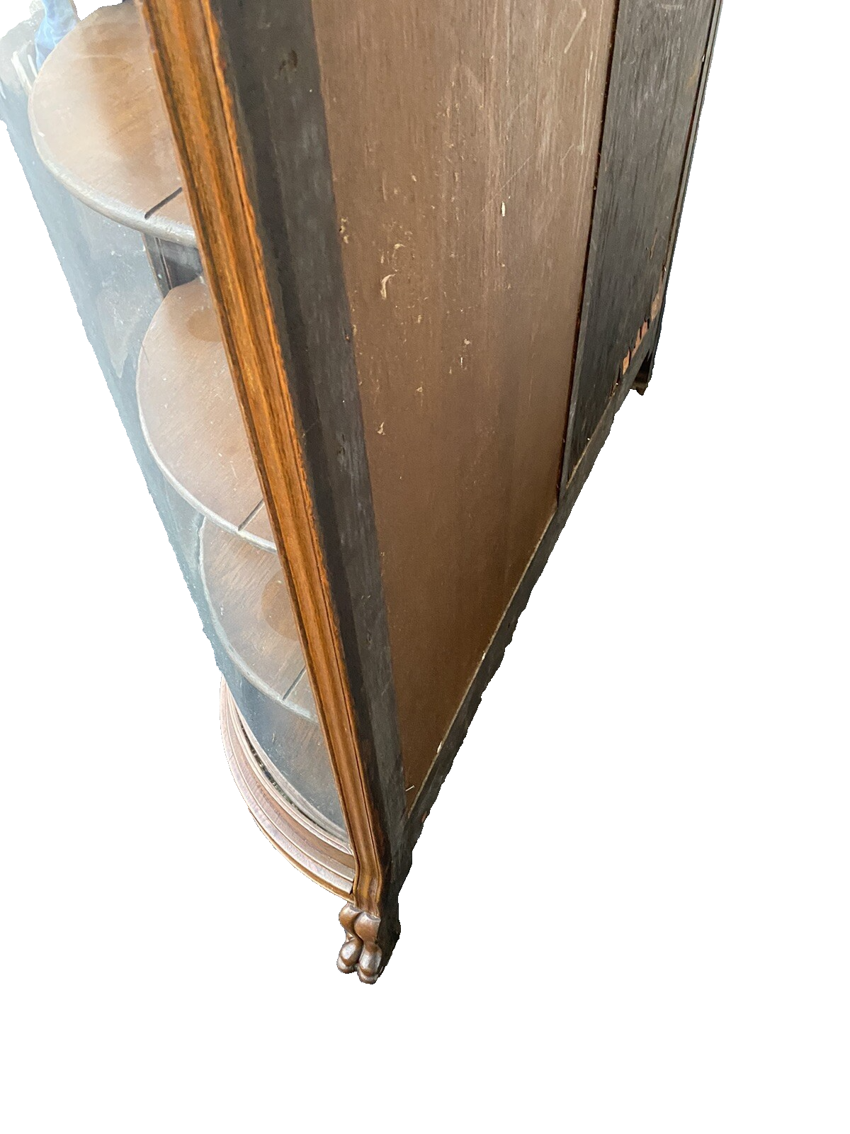 66071   Antique Victorian Hand Carved Oak Bow Glass Curio Cabinet