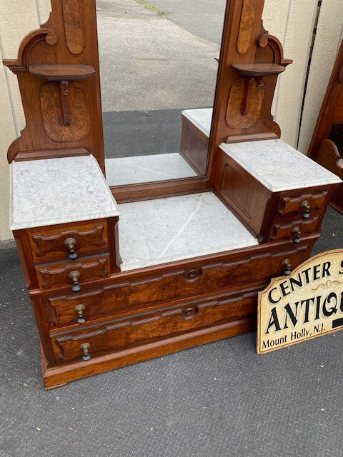 63933   Antique Victorian Walnut  2 pc Marble Top Bedroom Set Bed Dresser w/ Mir