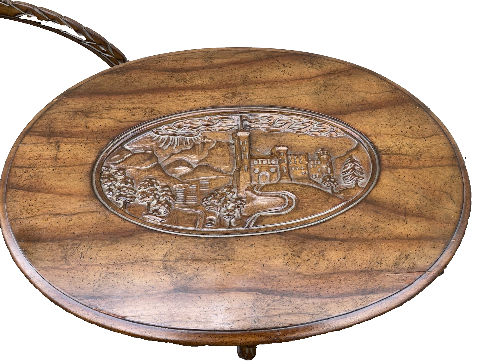 66546 Antique Walnut Tray Top Coffee Table Stand  RARE City Scape Design