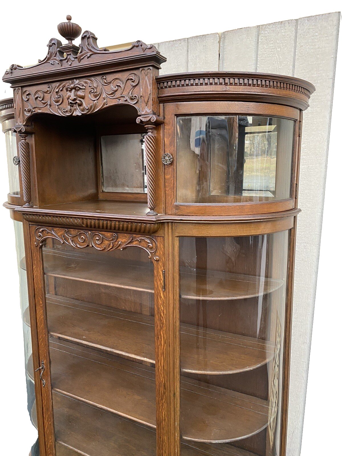 66071   Antique Victorian Hand Carved Oak Bow Glass Curio Cabinet