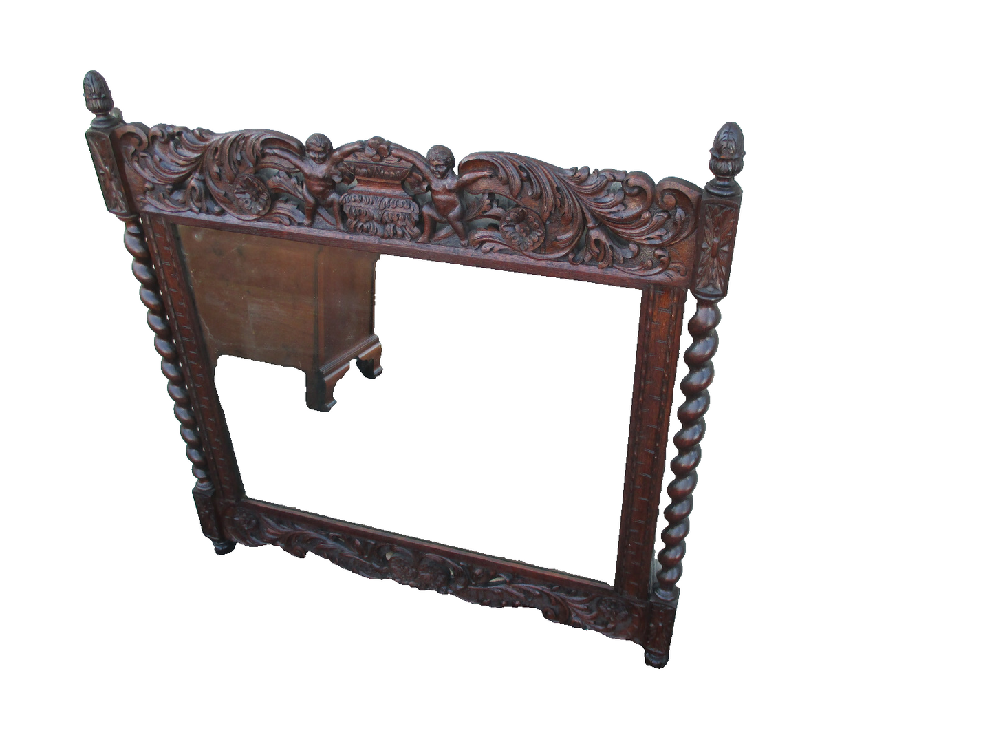 64039   Antique Oak Hand Made Mirror with Cherub Carvings