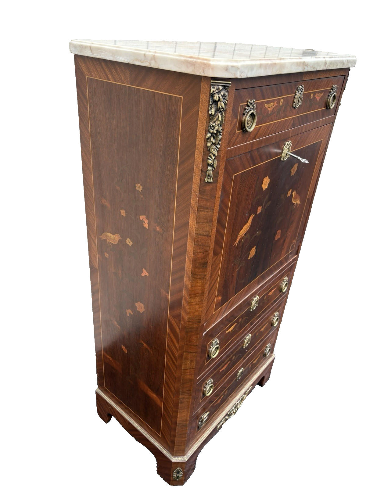 66581   Inlaid Marble Top  Louis XV Slant Front Desk Cabinet