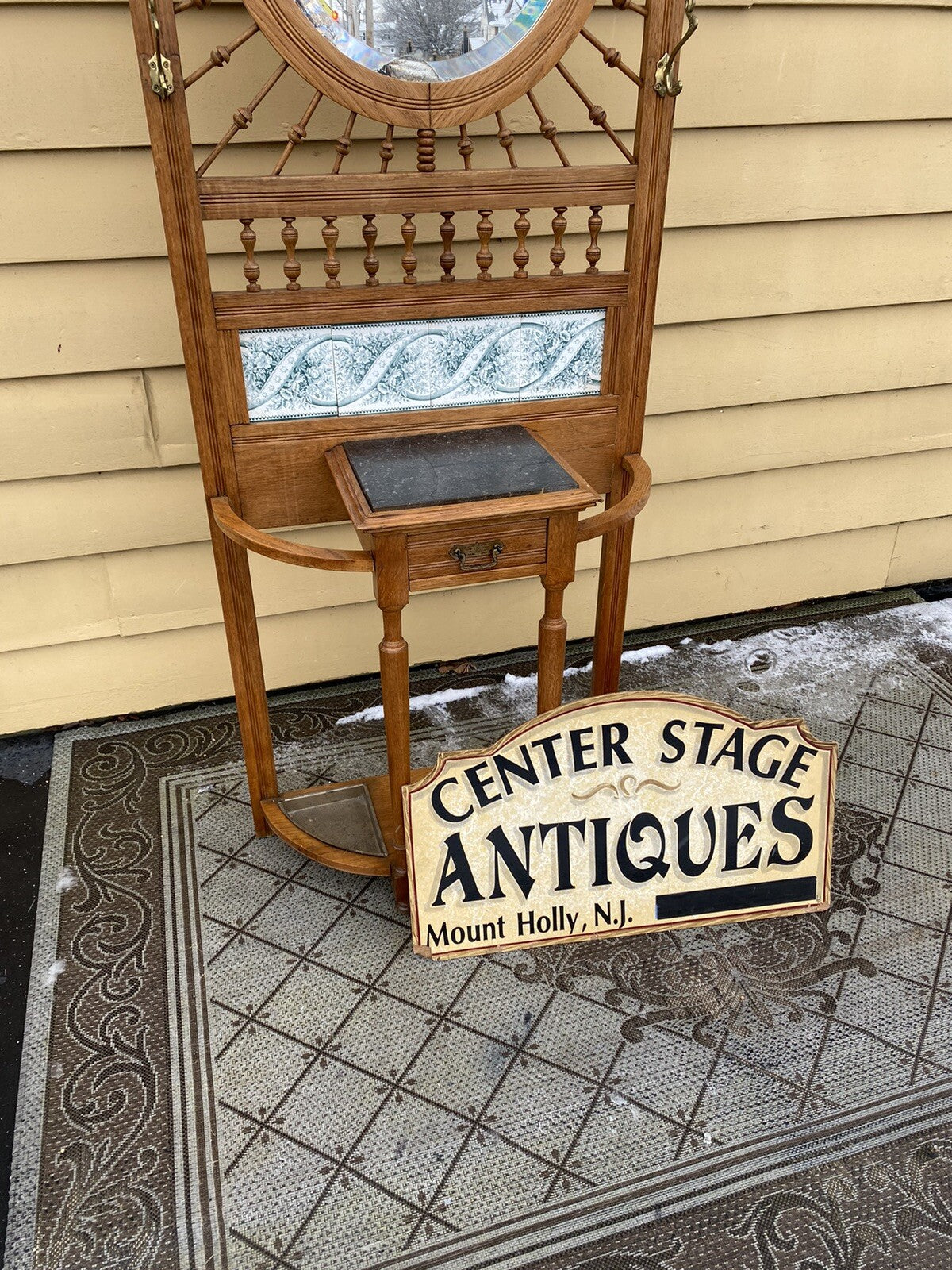 64527 Antique Victorian Oak Stick and Ball Hatrack Hall Seat with Mirror