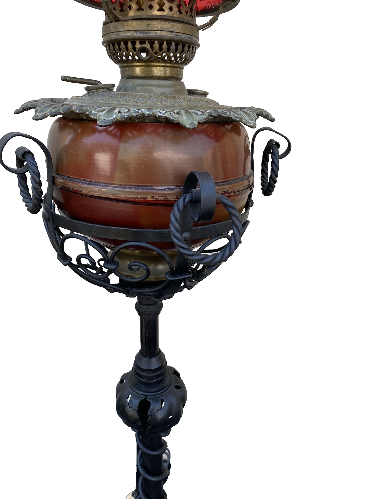 65482  Antique Victorian Piano Lamp Fancy Wrought Iron Base