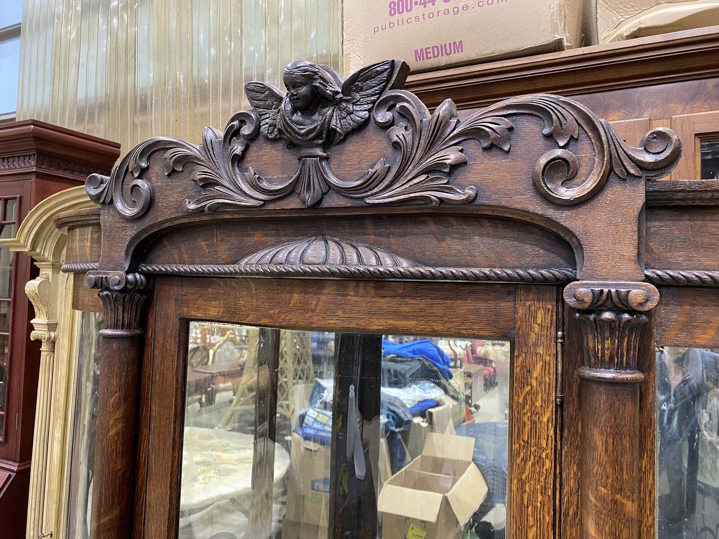 66153   RARE Custom Hand Made  Antique Victorian Oak  Cherub Curio Cabinet