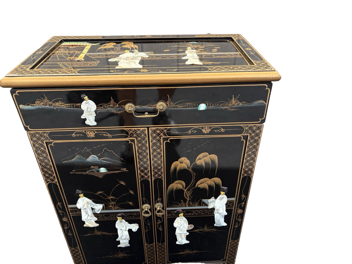 66705 Oriental Figural Storage Cabinet Server Sideboard with Drawer