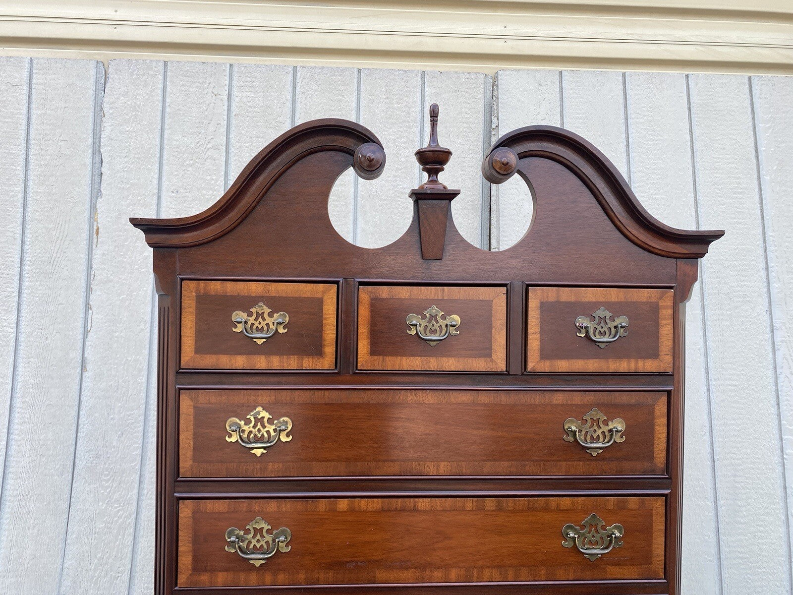64546 Dixie Inlaid 2 Piece Banded  Mahogany Queen Anne High Boy