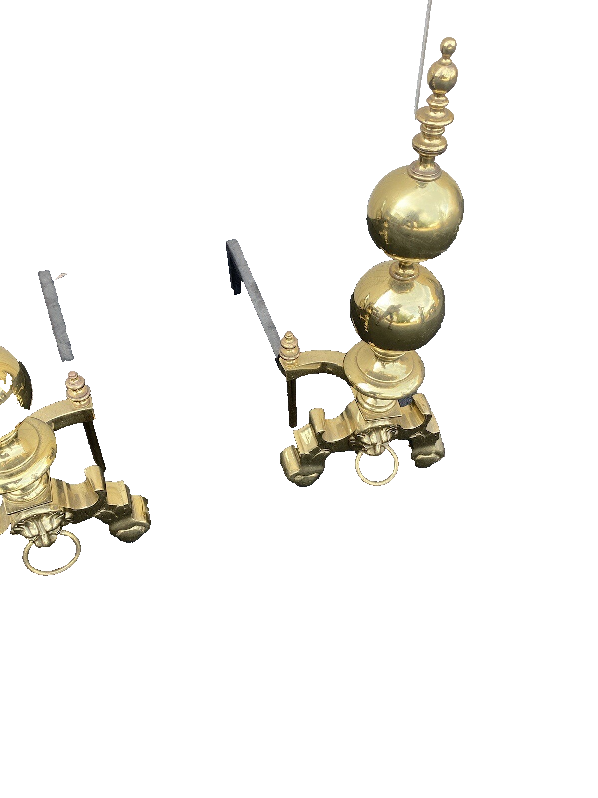 64828 Pair Heavy Polished Brass Fireplace Lion Face Fireplace Mantel Andirons