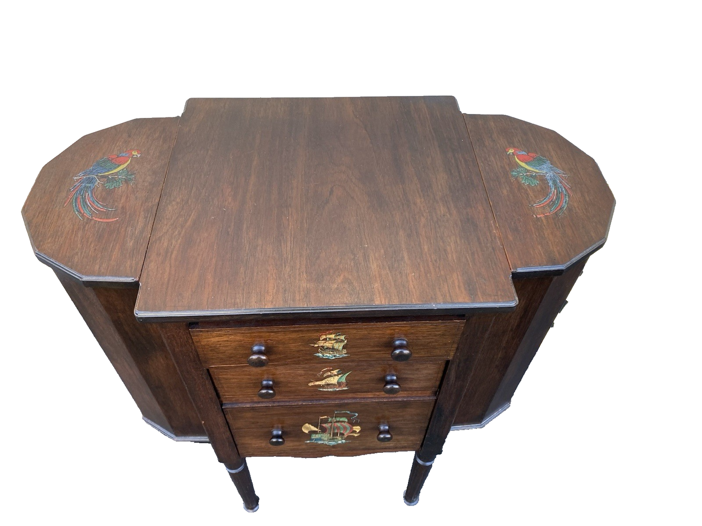66476 Antique Mahogany Sewing Stand Hand Painted Parrot and Ship Designs