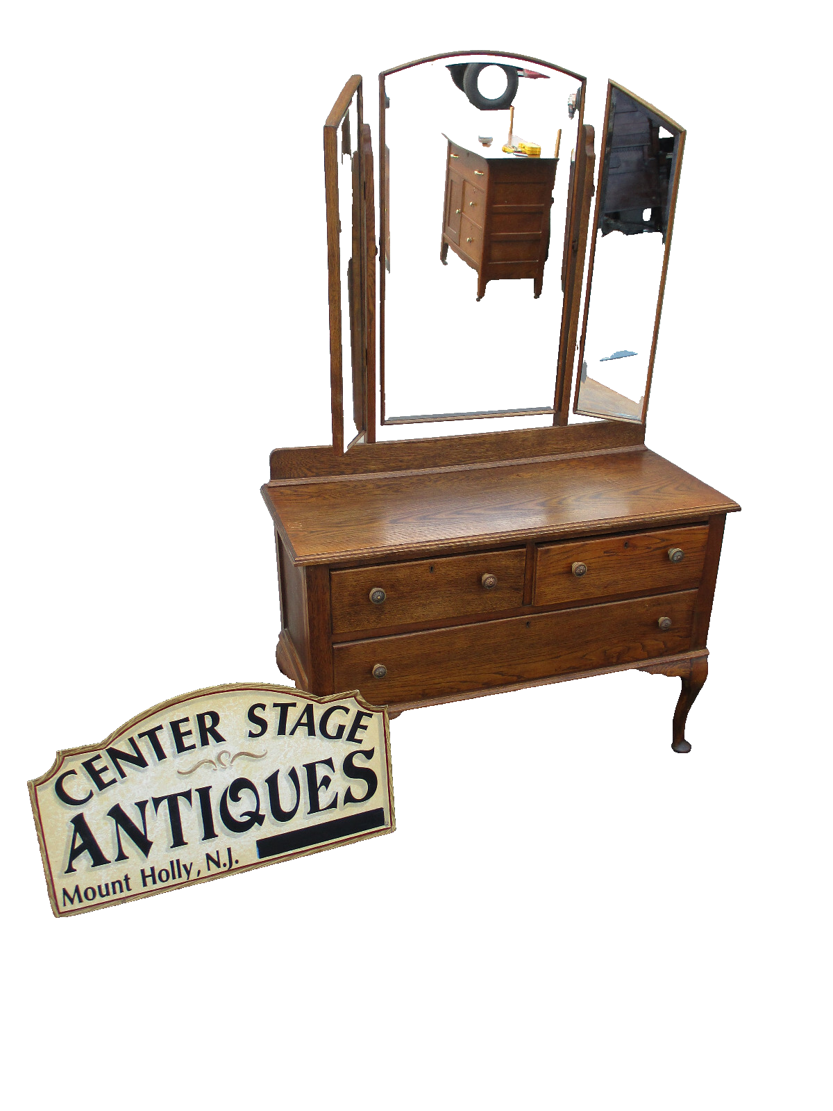 64242 Oak Vanity Desk with Tri-fold Mirrors