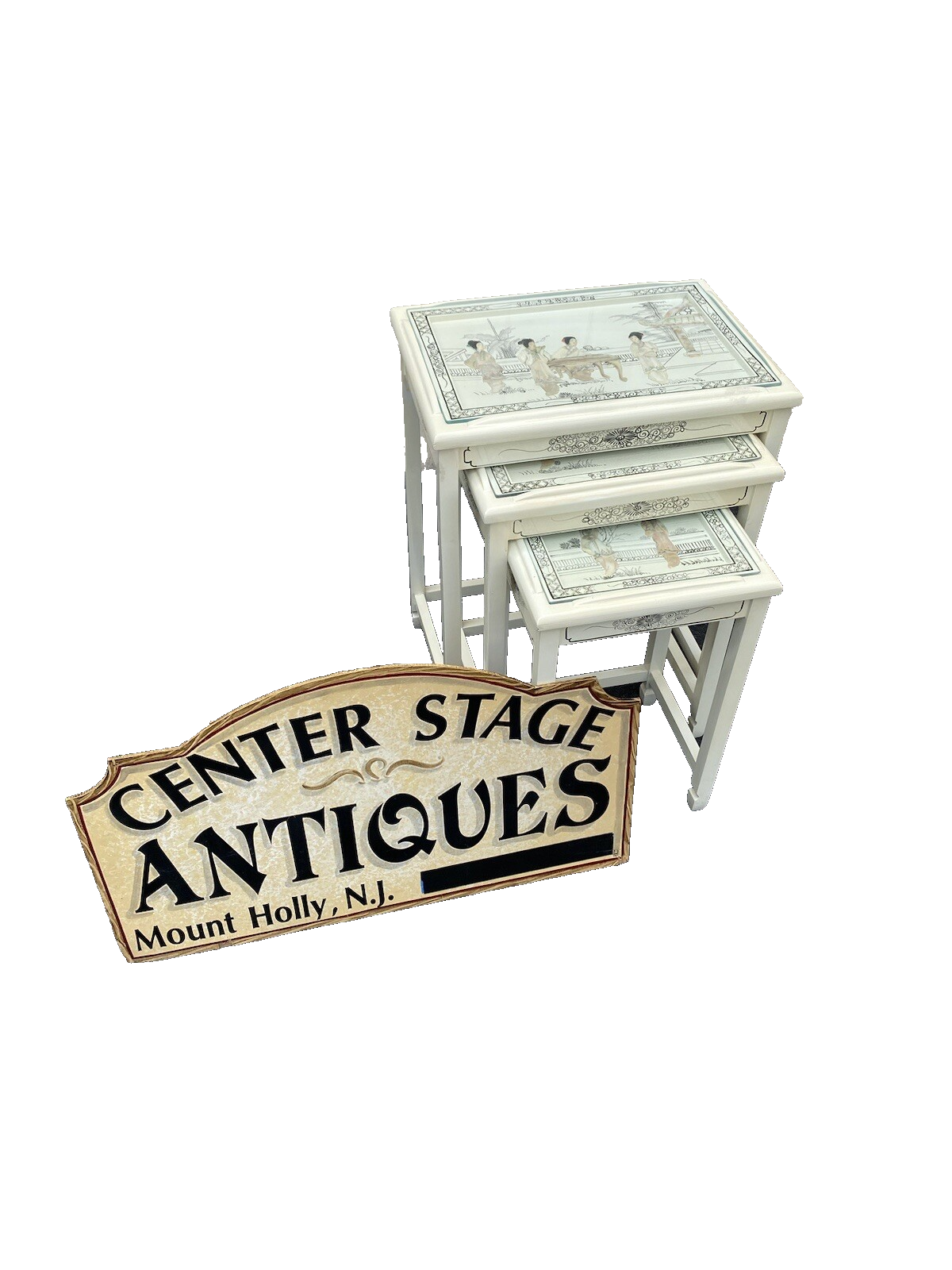 64597 Set Of 3 Oriental Decorated Nesting Stacking Tables